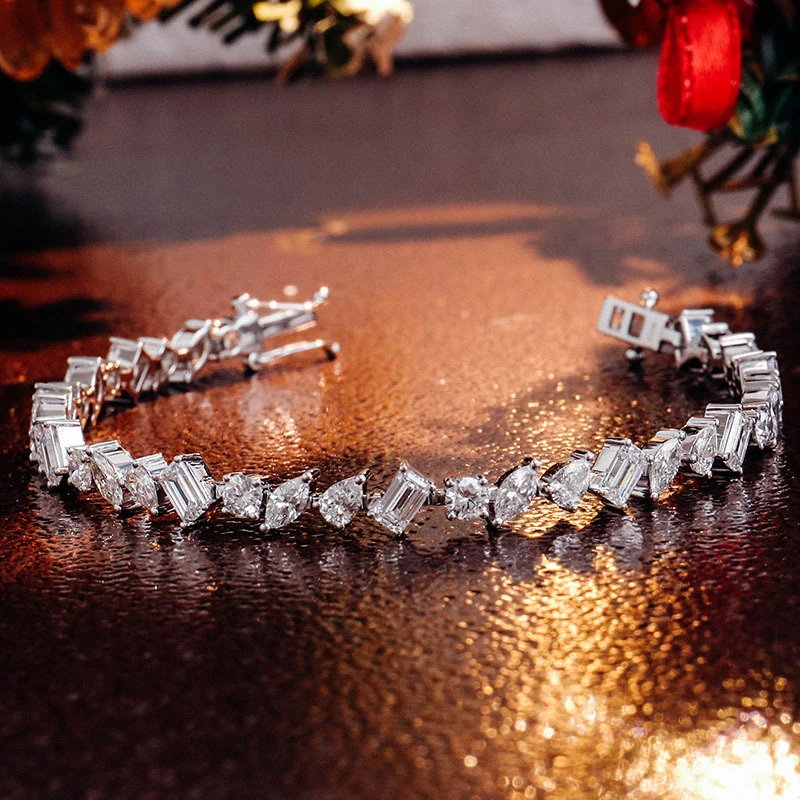 18K White Gold Women Bracelet Rectangle Shape White Moissanite Charm Bracelets for Women Tennis Bracelet