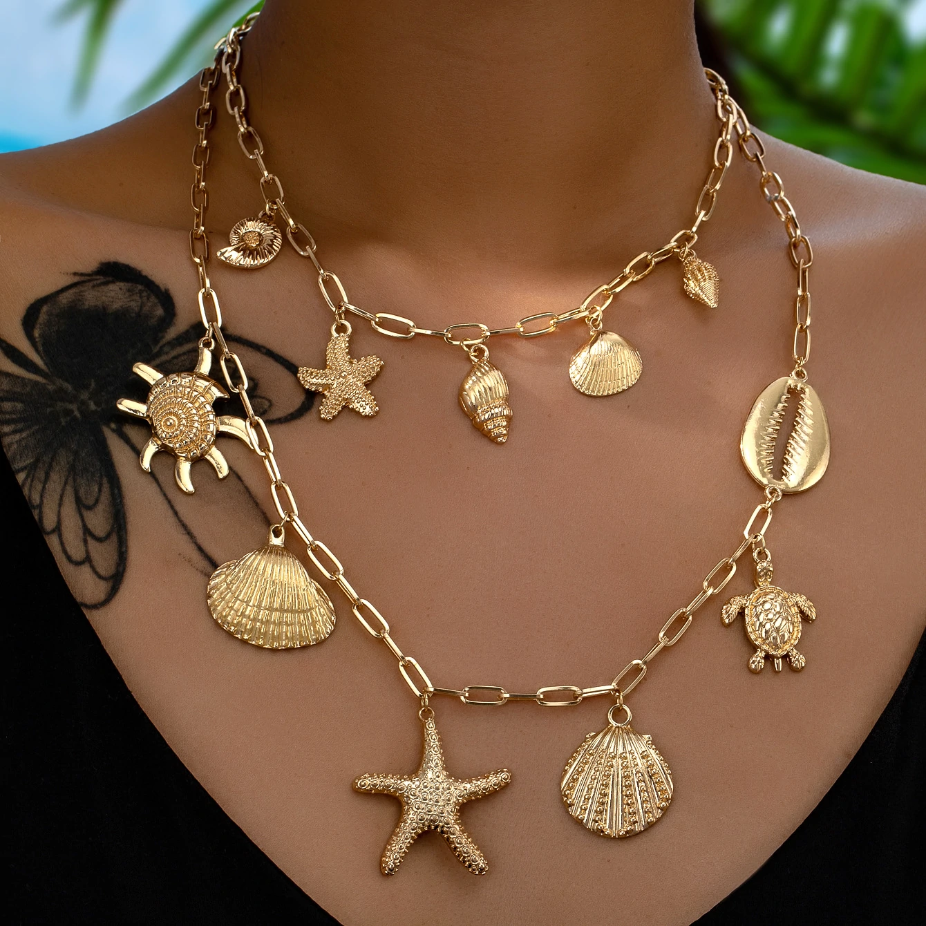 Summer Necklace Multi-layer Ocean Style Gold Plated Alloy Turtle Tortoise Starfish Conch Shell